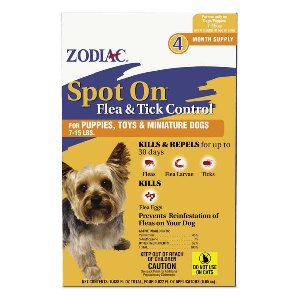 Zodiac Spot On Flea Tick Control Puppies, Toys And Miniature Dogs 7-15 Lb, 4 Pk | 041535790035 3 Zodiac Spot On Flea Tick Control Puppies, Toys And Miniature Dogs 7-15 Lb, 4 Pk | 041535790035